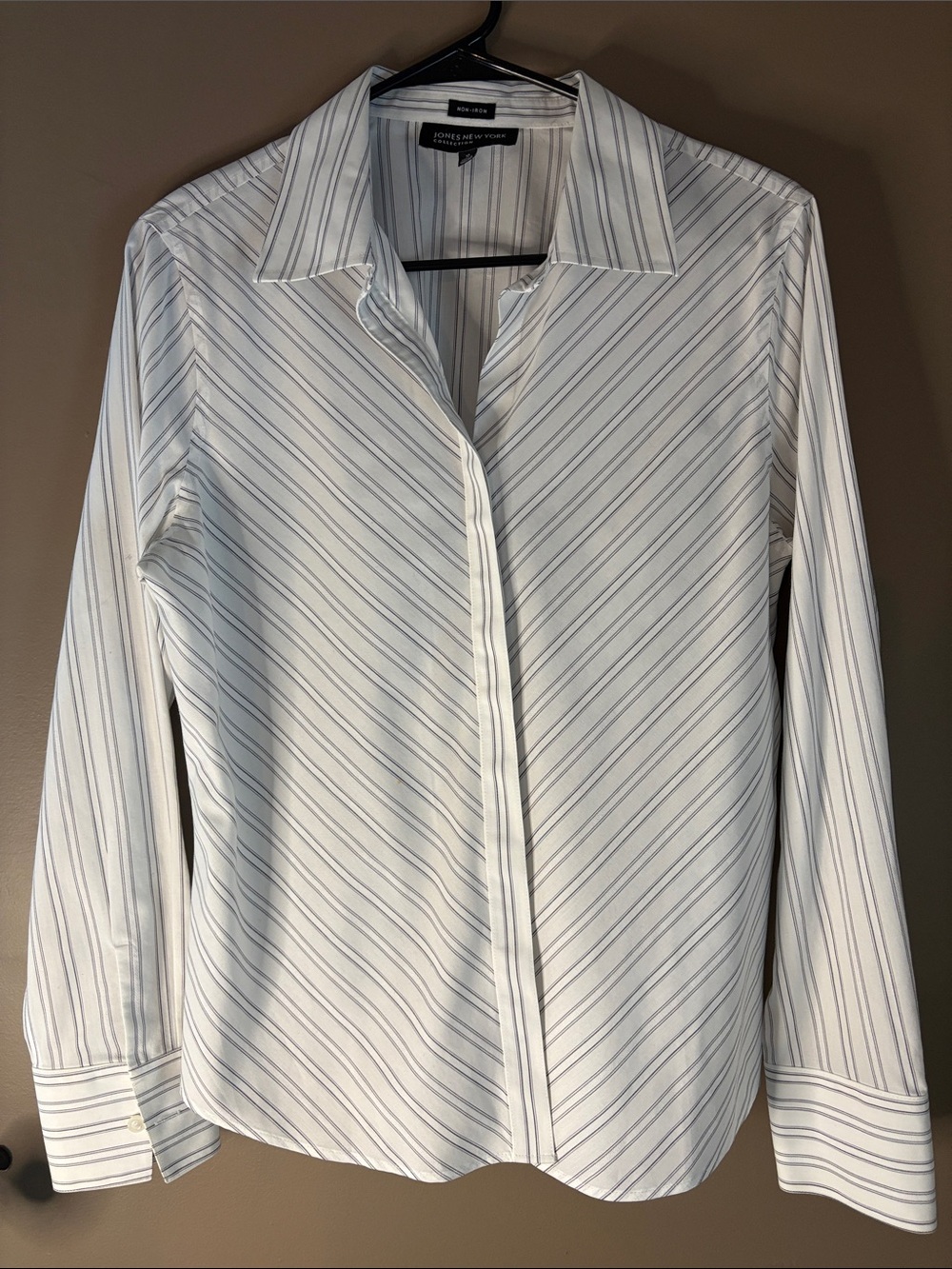 Jones New York White Button-Down Shirt with Gray Pinstripes